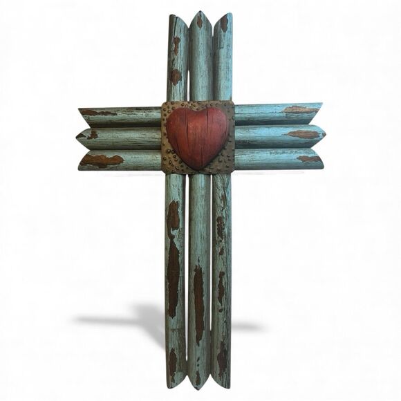 Rustic Wood 16″ Wall Cross Red Heart Accent Farmhouse Southwest Home Decor - Picture 1 of 8